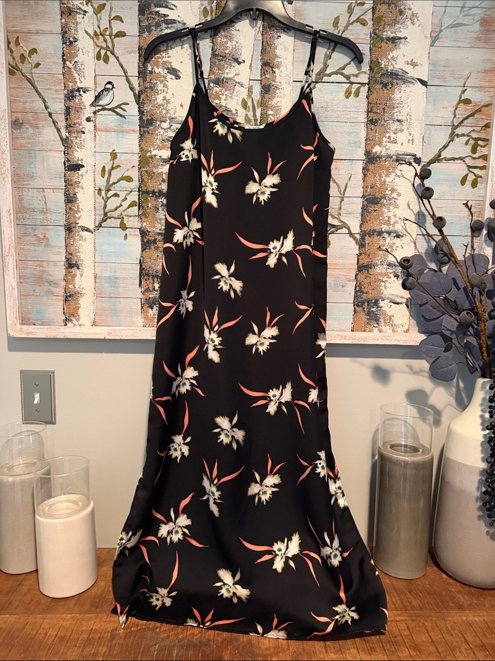 J. Crew Black Floral Slip Maxi Dress with Pink and Cream Accents